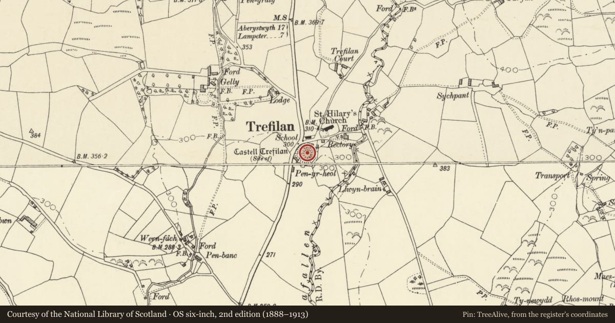 Ordnance Survey six-inch map, 2nd edition (1888–1913) covering the location of Castell Trefilan, Nantcwnlle, Ceredigion, with a pin at the register's coordinates
