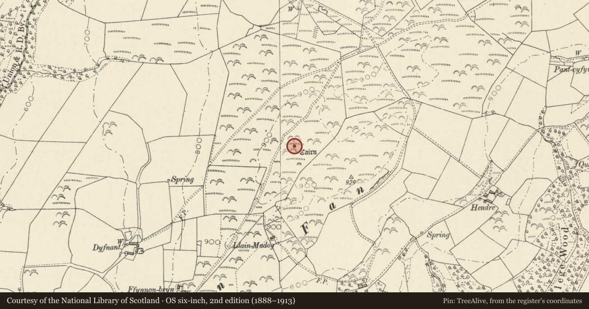 Ordnance Survey six-inch map, 2nd edition (1888–1913) covering the location of Round Cairn 460m S of Ty'n-y-Rhos, Nantcwnlle, Ceredigion, with a pin at the register's coordinates