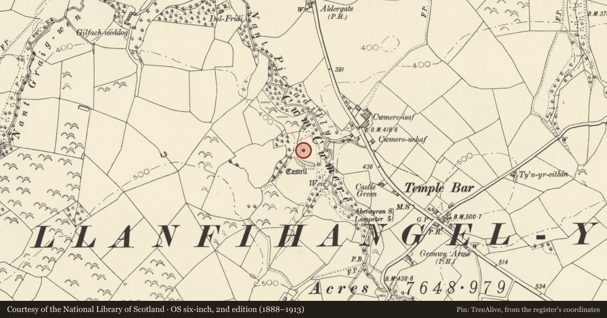 Ordnance Survey six-inch map, 2nd edition (1888–1913) covering the location of Castell Cwmere, Llanfihangel Ystrad, Ceredigion, with a pin at the register's coordinates