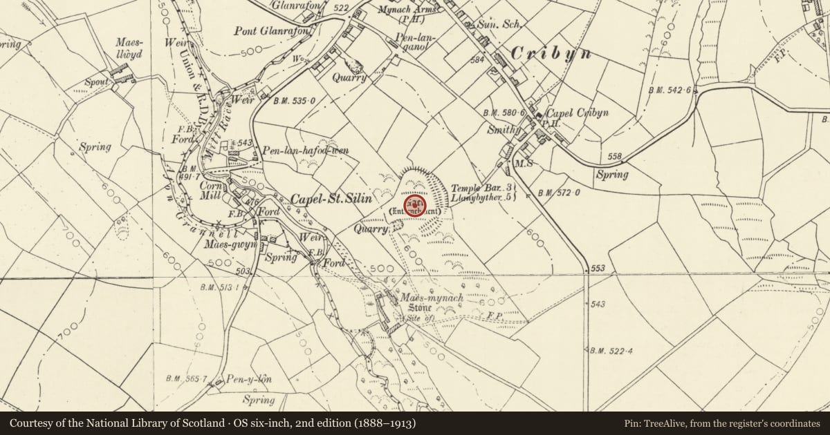 Ordnance Survey six-inch map, 2nd edition (1888–1913) covering the location of Gaer Maesmynach, Llanfihangel Ystrad, Ceredigion, with a pin at the register's coordinates