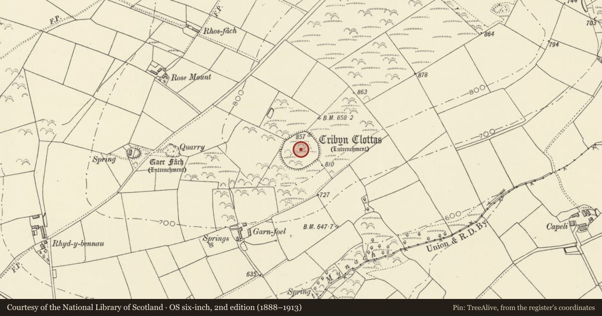 Ordnance Survey six-inch map, 2nd edition (1888–1913) covering the location of Cribyn Clottas, Llanfihangel Ystrad, Ceredigion, with a pin at the register's coordinates