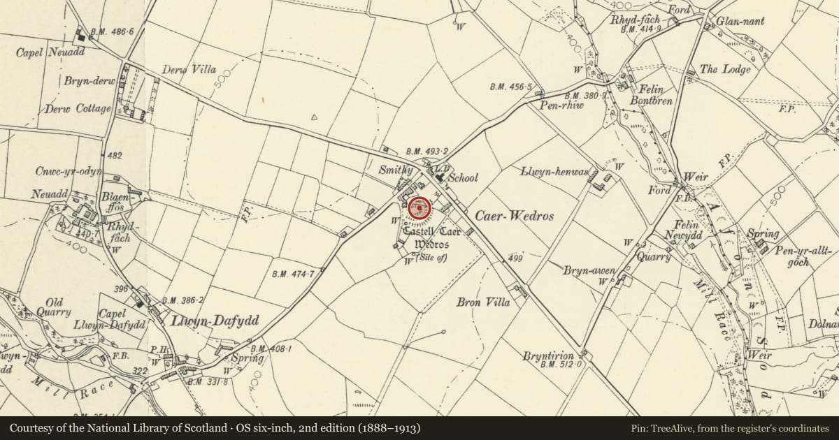 Ordnance Survey six-inch map, 2nd edition (1888–1913) covering the location of Castell Caer Wedros, Llandysiliogogo, Ceredigion, with a pin at the register's coordinates