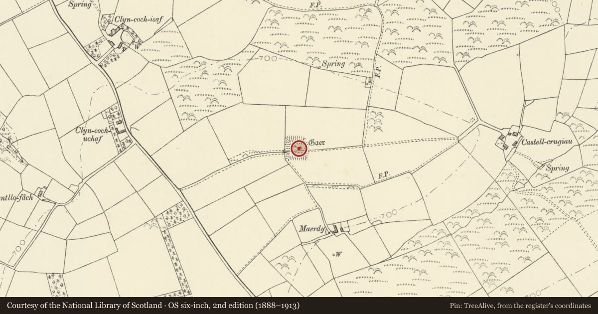 Ordnance Survey six-inch map, 2nd edition (1888–1913) covering the location of Maerdy Gaer, Llangrannog, Ceredigion, with a pin at the register's coordinates