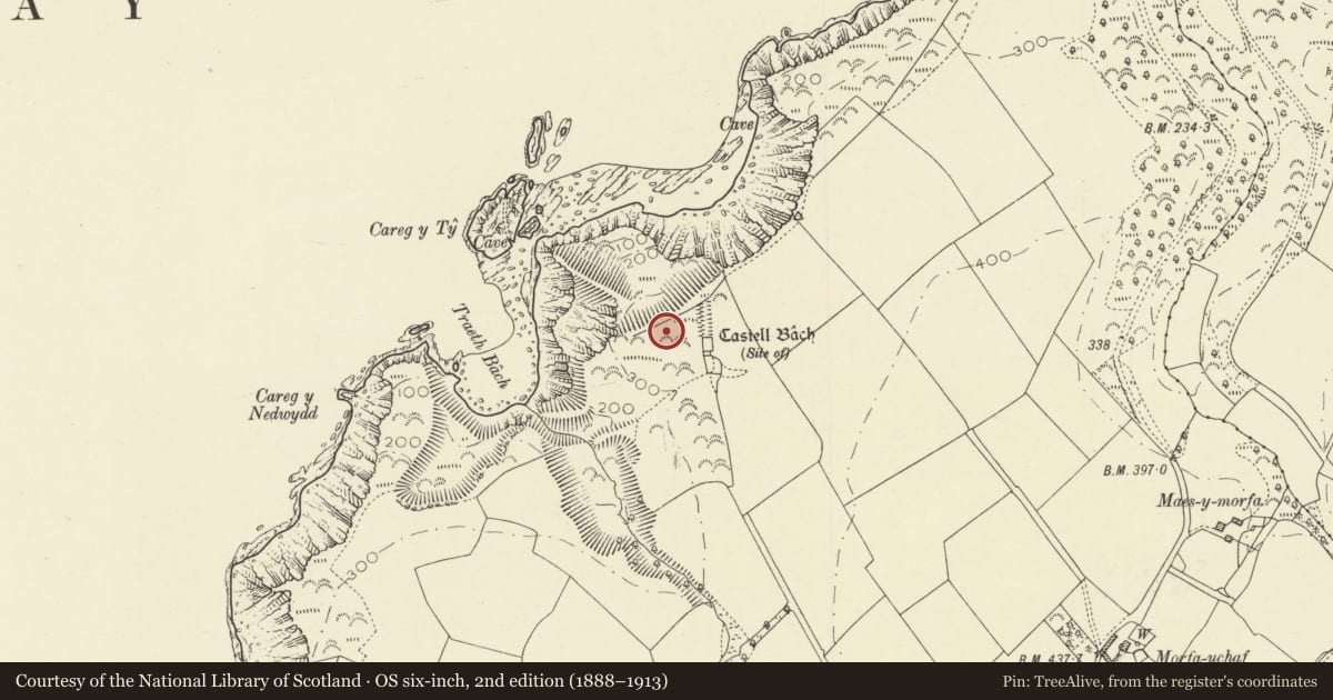 Ordnance Survey six-inch map, 2nd edition (1888–1913) covering the location of Castell Bach, Penbryn, Ceredigion, with a pin at the register's coordinates