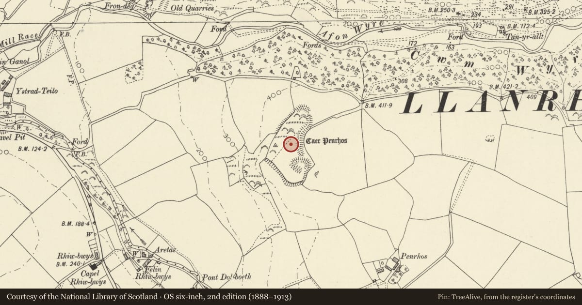 Ordnance Survey six-inch map, 2nd edition (1888–1913) covering the location of Caer Penrhos, Llanrhystyd, Ceredigion, with a pin at the register's coordinates