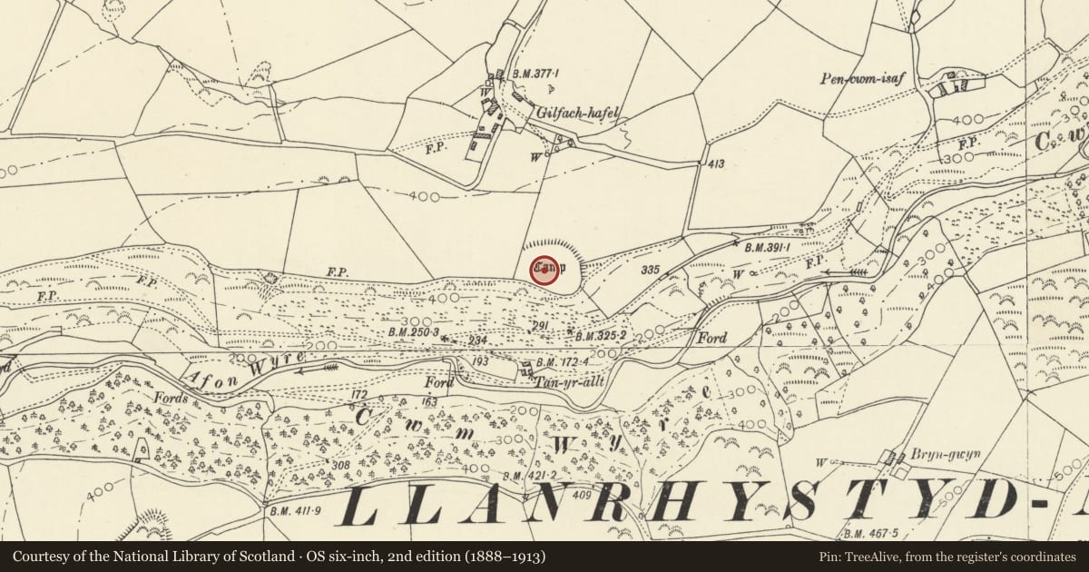 Ordnance Survey six-inch map, 2nd edition (1888–1913) covering the location of Gilfach-Hafel Camp, Llanrhystyd, Ceredigion, with a pin at the register's coordinates