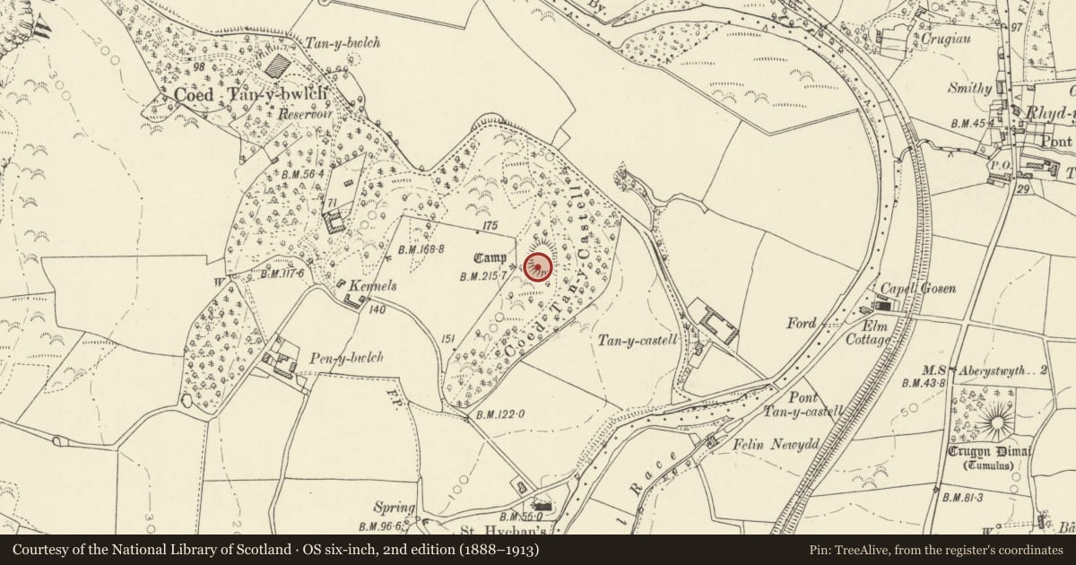 Ordnance Survey six-inch map, 2nd edition (1888–1913) covering the location of Castle Tan-y-Castell, Llanfarian, Ceredigion, with a pin at the register's coordinates