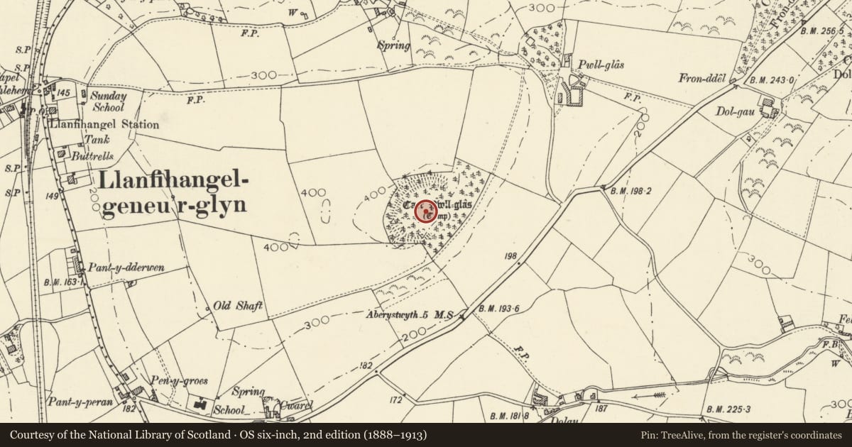 Ordnance Survey six-inch map, 2nd edition (1888–1913) covering the location of Caer Pwll-Glas, Geneu'r Glyn, Ceredigion, with a pin at the register's coordinates