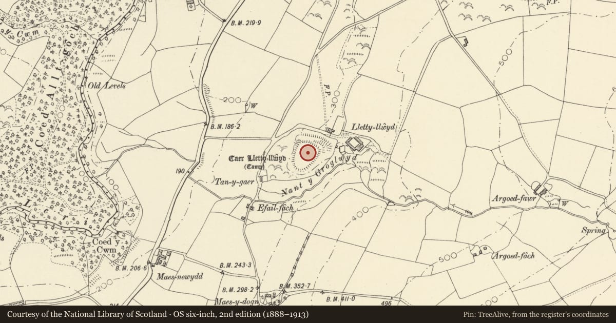 Ordnance Survey six-inch map, 2nd edition (1888–1913) covering the location of Caer Lletty-Llwyd, Ceulanamaesmawr, Ceredigion, with a pin at the register's coordinates