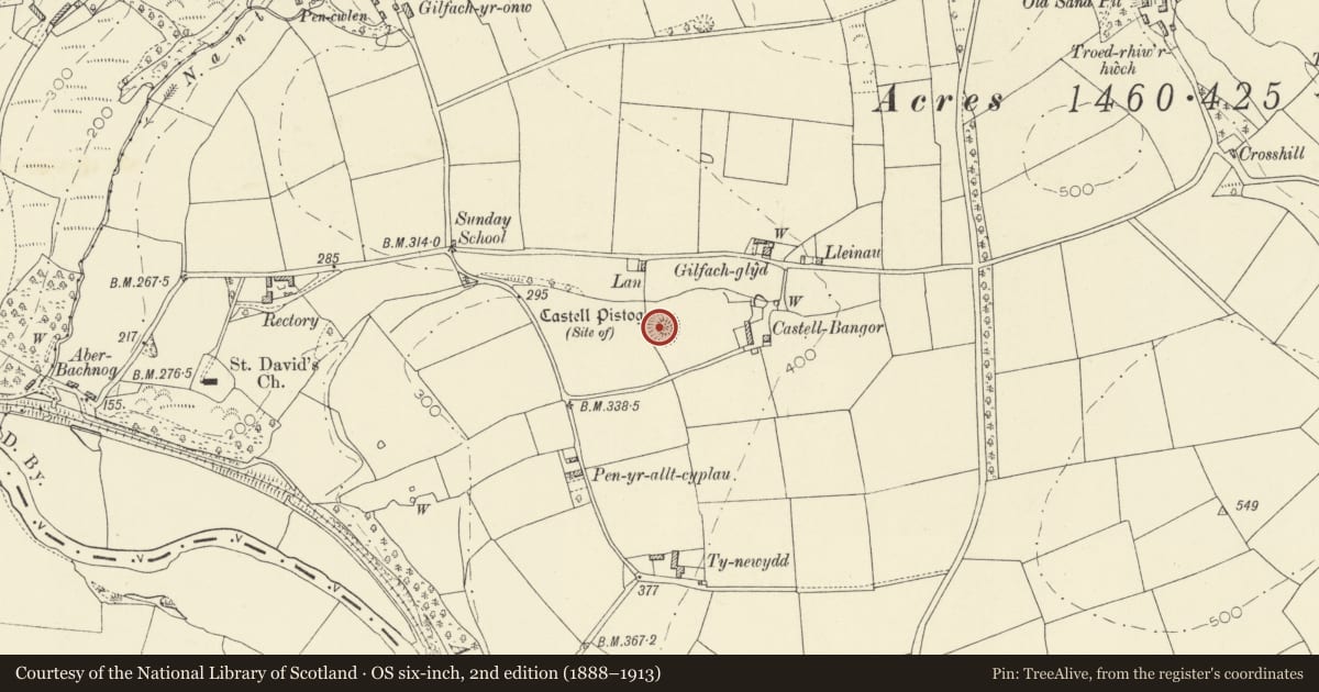 Ordnance Survey six-inch map, 2nd edition (1888–1913) covering the location of Castell Pistog, Llandyfriog, Ceredigion, with a pin at the register's coordinates