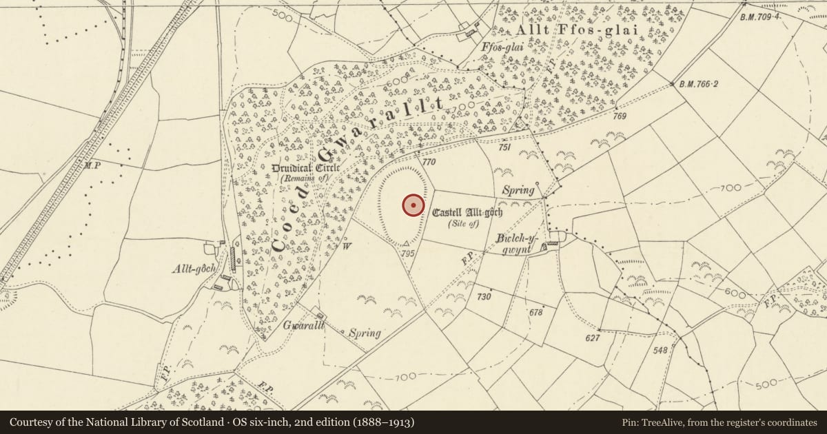 Ordnance Survey six-inch map, 2nd edition (1888–1913) covering the location of Castell Allt-Goch, Lampeter, Ceredigion, with a pin at the register's coordinates