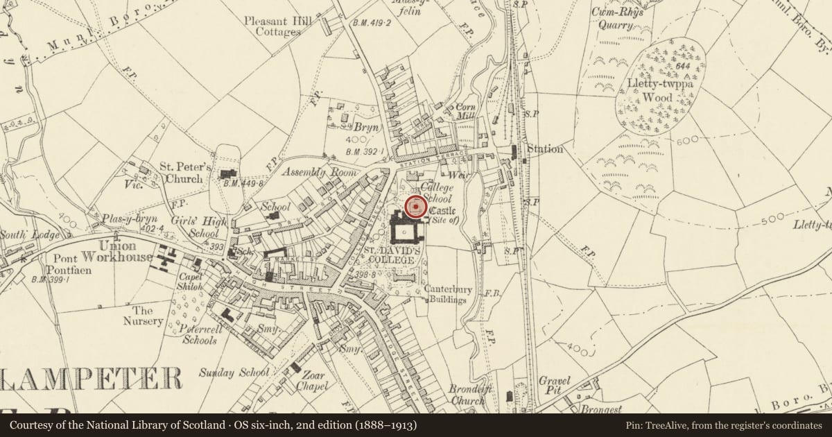 Ordnance Survey six-inch map, 2nd edition (1888–1913) covering the location of Lampeter Castle Mound, Ceredigion, with a pin at the register's coordinates