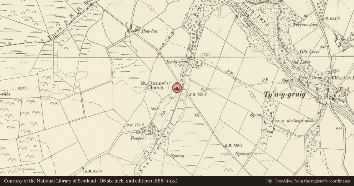Ordnance Survey six-inch map, 2nd edition (1888–1913) covering the location of Llanwnnws Inscribed Stone in Church, Ystrad Meurig, Ceredigion, with a pin at the register's coordinates