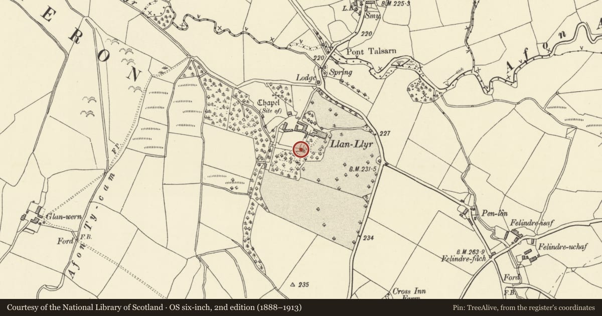 Ordnance Survey six-inch map, 2nd edition (1888–1913) covering the location of Llan-Llyr Inscribed Stone, Llanfihangel Ystrad, Ceredigion, with a pin at the register's coordinates