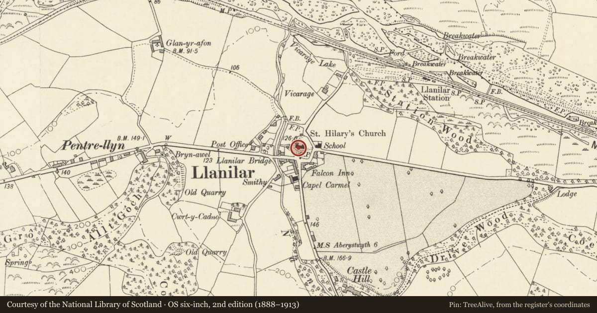 Ordnance Survey six-inch map, 2nd edition (1888–1913) covering the location of Castle Hill Sculptured Stone (Moved into Llanilar Church), Ceredigion, with a pin at the register's coordinates