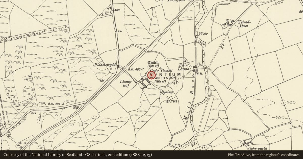 Ordnance Survey six-inch map, 2nd edition (1888–1913) covering the location of Llanio Roman Fort and Bathhouse, Llanddewi Brefi, Ceredigion, with a pin at the register's coordinates