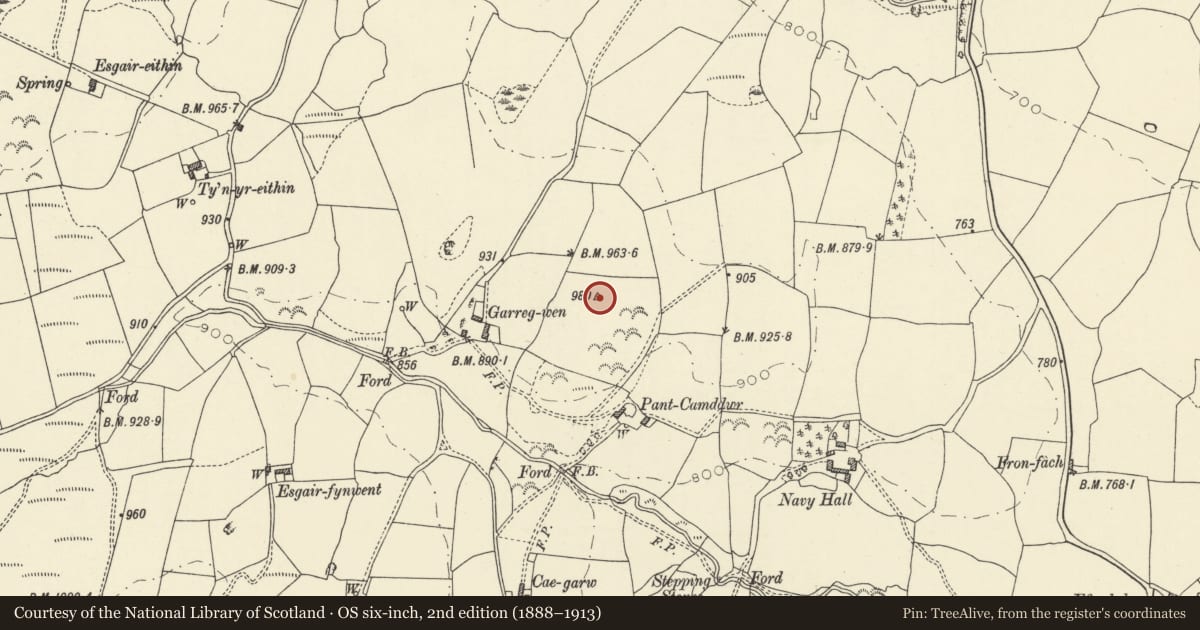 Ordnance Survey six-inch map, 2nd edition (1888–1913) covering the location of Pantcamddwr Ring Cairn, Lledrod, Ceredigion, with a pin at the register's coordinates