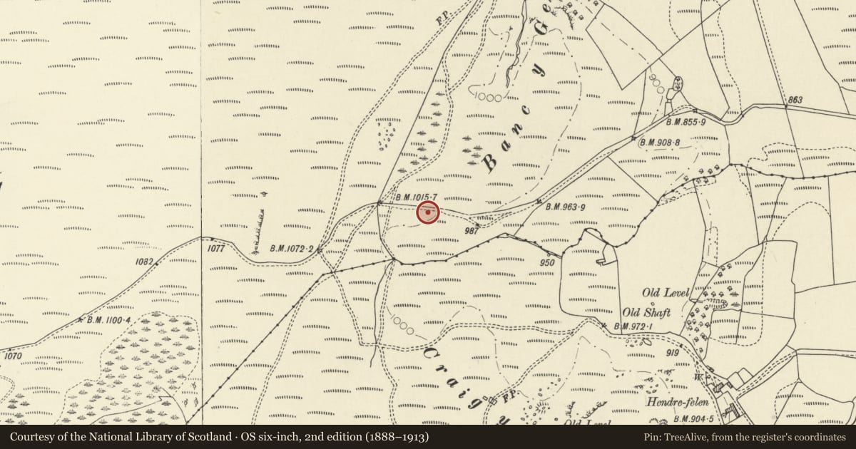 Ordnance Survey six-inch map, 2nd edition (1888–1913) covering the location of Cairn S of Banc y Geufron, Ysbyty Ystwyth, Ceredigion, with a pin at the register's coordinates