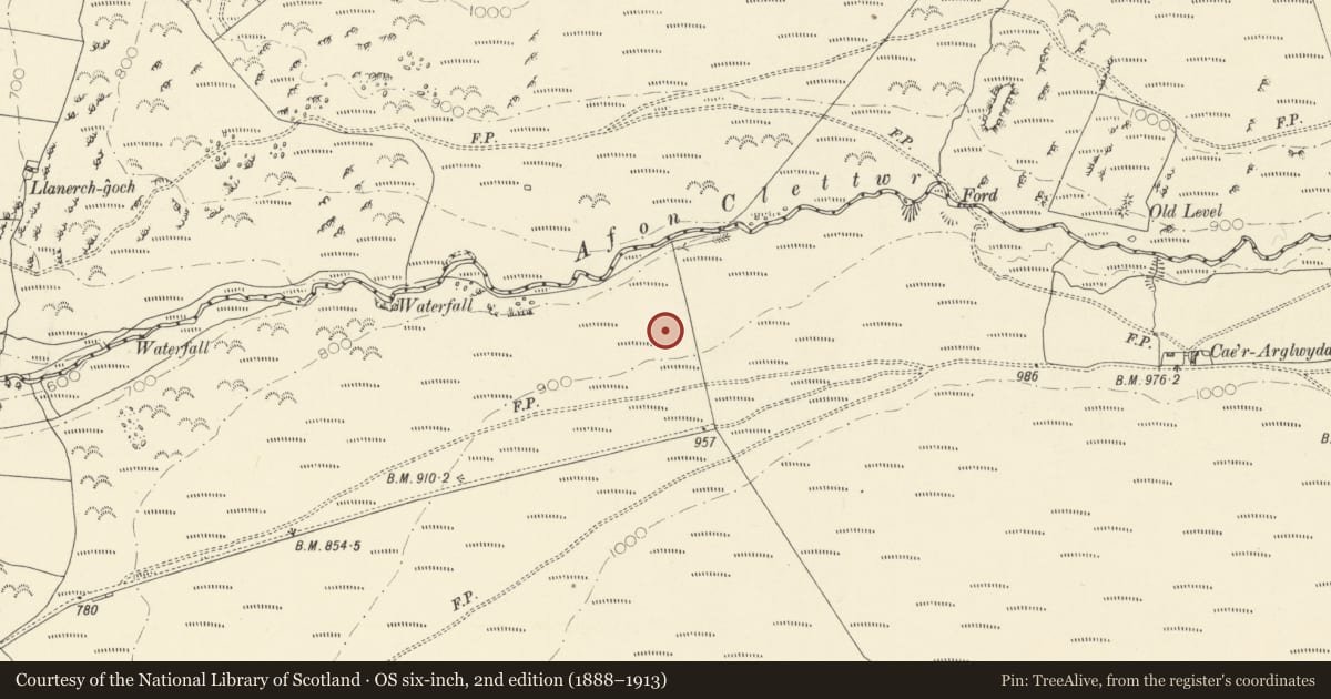 Ordnance Survey six-inch map, 2nd edition (1888–1913) covering the location of Two Cairns N of Moel y Garn, Ceulanamaesmawr, Ceredigion, with a pin at the register's coordinates