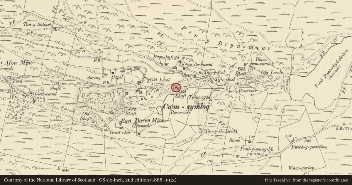 Ordnance Survey six-inch map, 2nd edition (1888–1913) covering the location of Cwmsymlog Lead Mine, Trefeurig, Ceredigion, with a pin at the register's coordinates
