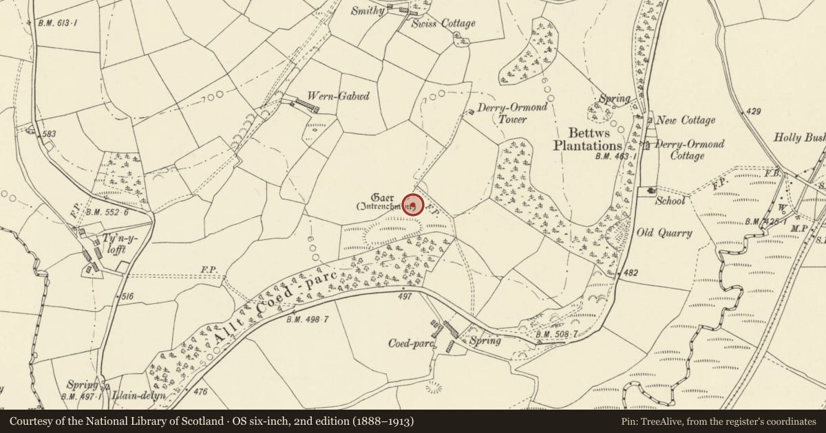 Ordnance Survey six-inch map, 2nd edition (1888–1913) covering the location of Gaer Coed Parc Hillfort and Enclosure, Llangybi, Ceredigion, with a pin at the register's coordinates