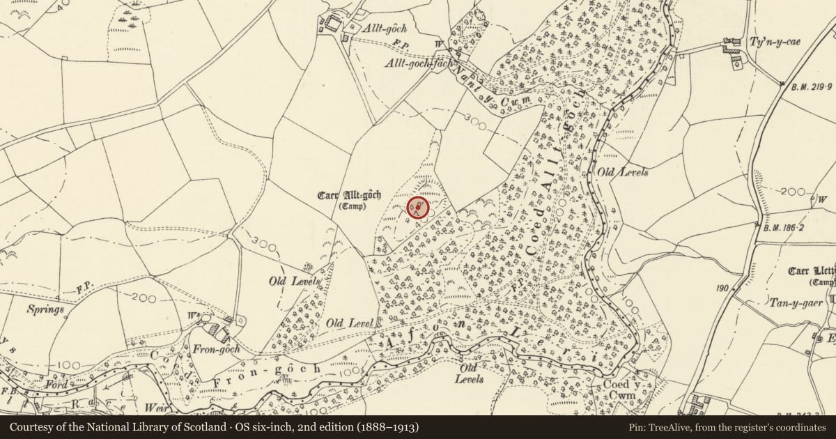 Ordnance Survey six-inch map, 2nd edition (1888–1913) covering the location of Caer Allt-Goch Hillfort, Geneu'r Glyn, Ceredigion, with a pin at the register's coordinates
