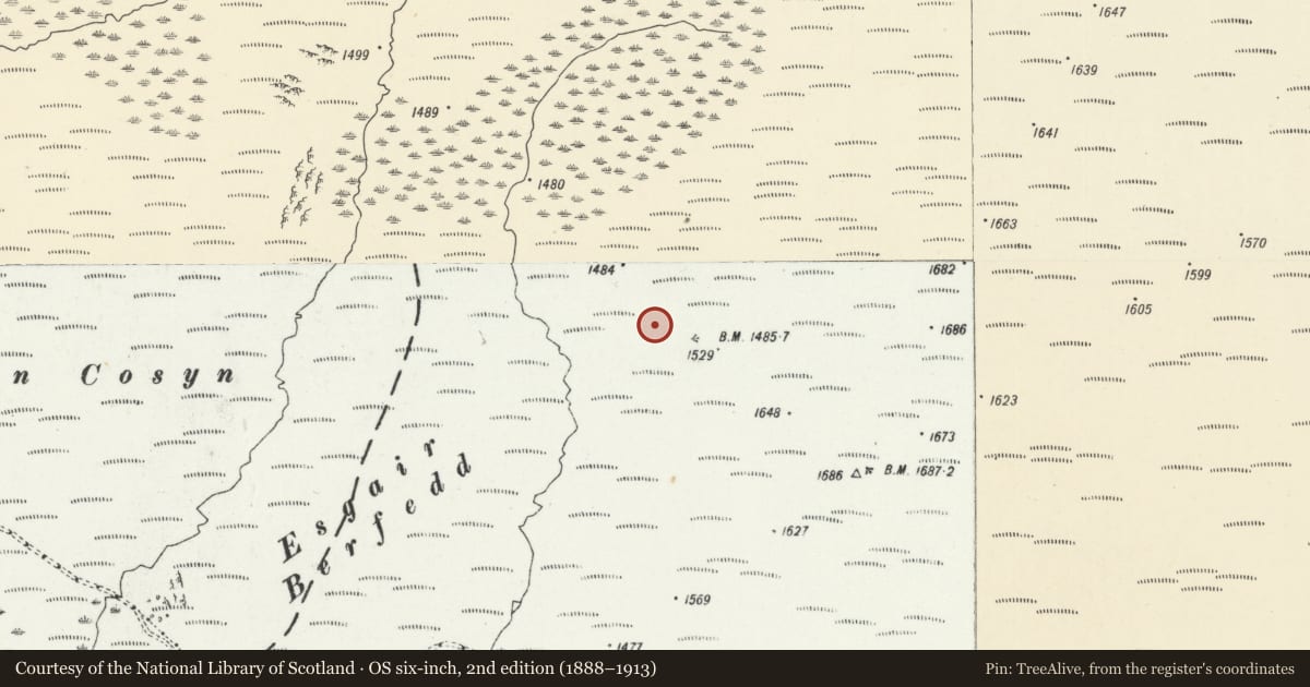 Ordnance Survey six-inch map, 2nd edition (1888–1913) covering the location of Fagwyr Las Deserted Rural Settlement, Tregaron, Ceredigion, with a pin at the register's coordinates
