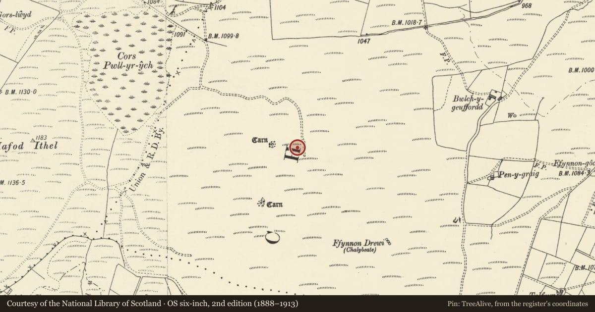 Ordnance Survey six-inch map, 2nd edition (1888–1913) covering the location of Hafod Ithel Deserted Rural Settlement, Lledrod, Ceredigion, with a pin at the register's coordinates