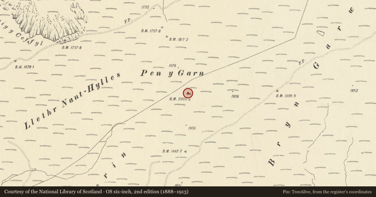 Ordnance Survey six-inch map, 2nd edition (1888–1913) covering the location of Pen y Garn Cairn, Pontarfynach, Ceredigion, with a pin at the register's coordinates