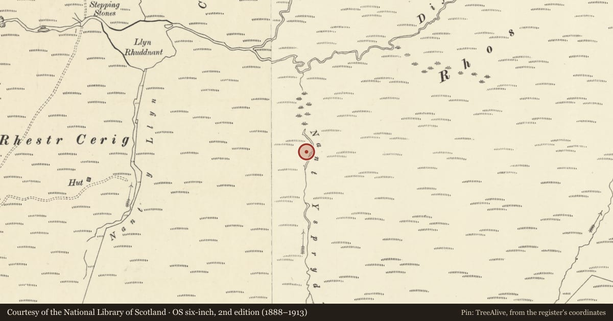 Ordnance Survey six-inch map, 2nd edition (1888–1913) covering the location of Nant Yspryd Glan Deserted Rural Settlement, Pontarfynach, Ceredigion, with a pin at the register's coordinates