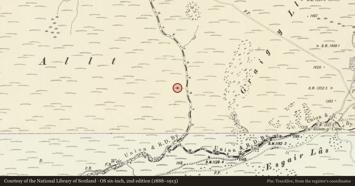 Ordnance Survey six-inch map, 2nd edition (1888–1913) covering the location of Hafod yr Abad Deserted Rural Settlement, Pontarfynach, Ceredigion, with a pin at the register's coordinates