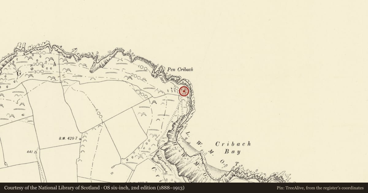Ordnance Survey six-inch map, 2nd edition (1888–1913) covering the location of Aberporth Range Simulated Ship Firing Platform, Ceredigion, with a pin at the register's coordinates
