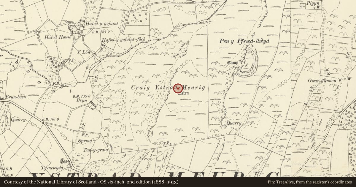 Ordnance Survey six-inch map, 2nd edition (1888–1913) covering the location of Craig Ystradmeurig Round Cairn, Ystrad Meurig, Ceredigion, with a pin at the register's coordinates