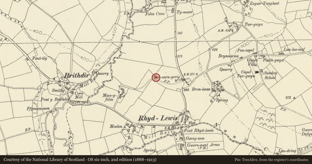 Ordnance Survey six-inch map, 2nd edition (1888–1913) covering the location of Rhydlewis Standing Stone Pair, Troedyraur, Ceredigion, with a pin at the register's coordinates