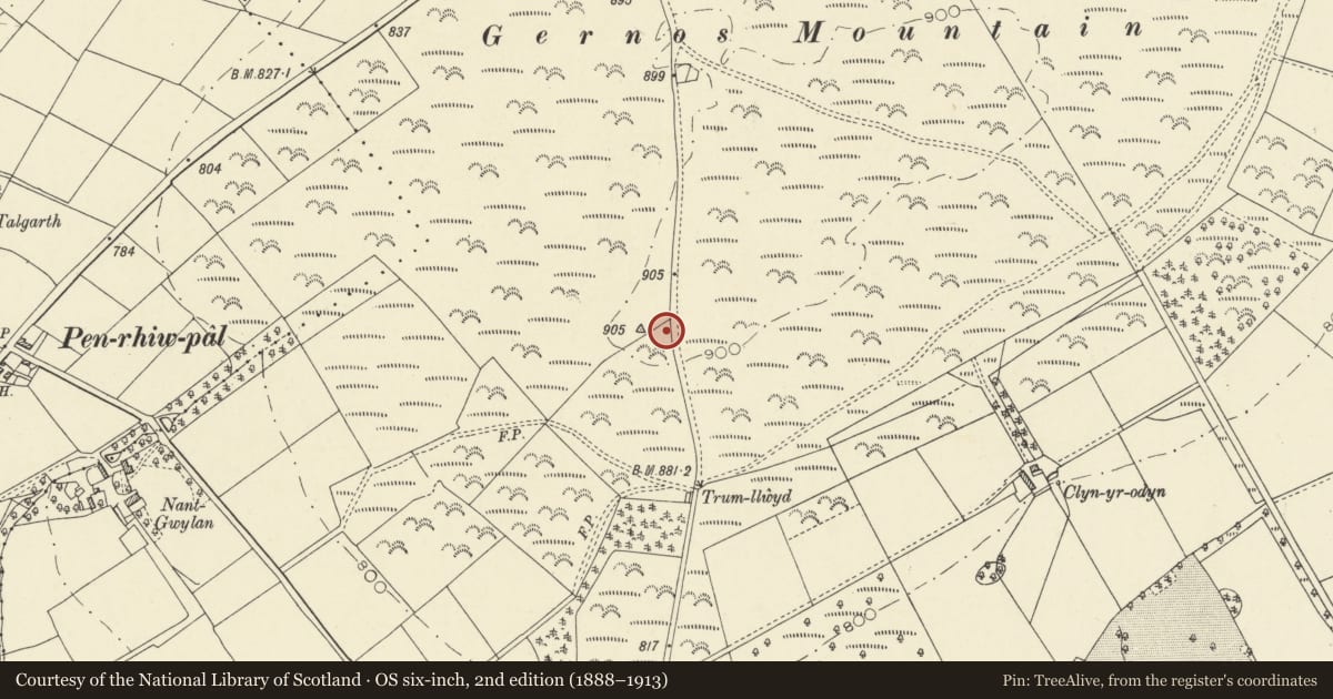 Ordnance Survey six-inch map, 2nd edition (1888–1913) covering the location of Gernos Mountain Round Barrow Cemetery, Troedyraur, Ceredigion, with a pin at the register's coordinates