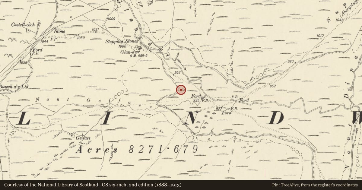 Ordnance Survey six-inch map, 2nd edition (1888–1913) covering the location of Nant Geifaes Cairn, Melindwr, Ceredigion, with a pin at the register's coordinates