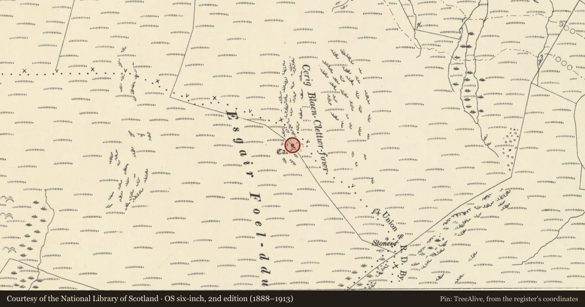 Ordnance Survey six-inch map, 2nd edition (1888–1913) covering the location of Cerrig Blaencletwr-Fawr Round Cairn, Llangynfelyn, Ceredigion, with a pin at the register's coordinates
