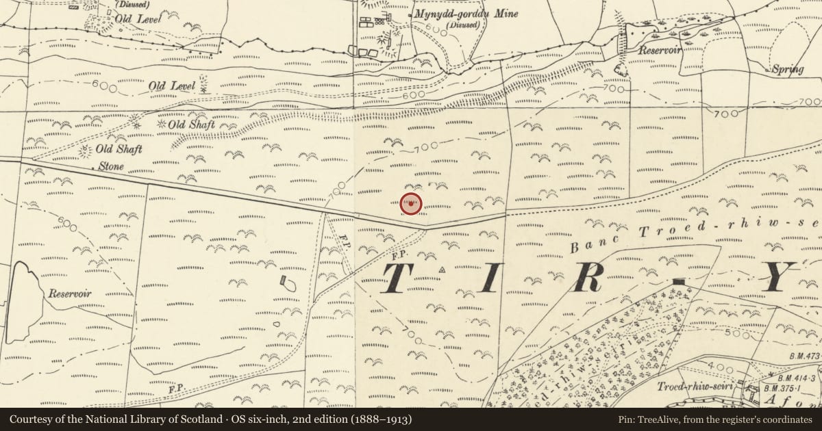 Ordnance Survey six-inch map, 2nd edition (1888–1913) covering the location of Banc Troedrhiwseiri Ring Barrow, Trefeurig, Ceredigion, with a pin at the register's coordinates