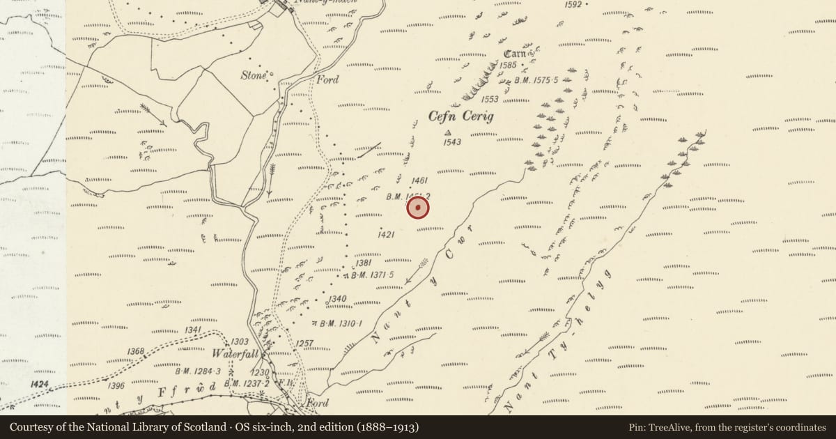 Ordnance Survey six-inch map, 2nd edition (1888–1913) covering the location of Cefncerrig Round Cairn, Tregaron, Ceredigion, with a pin at the register's coordinates