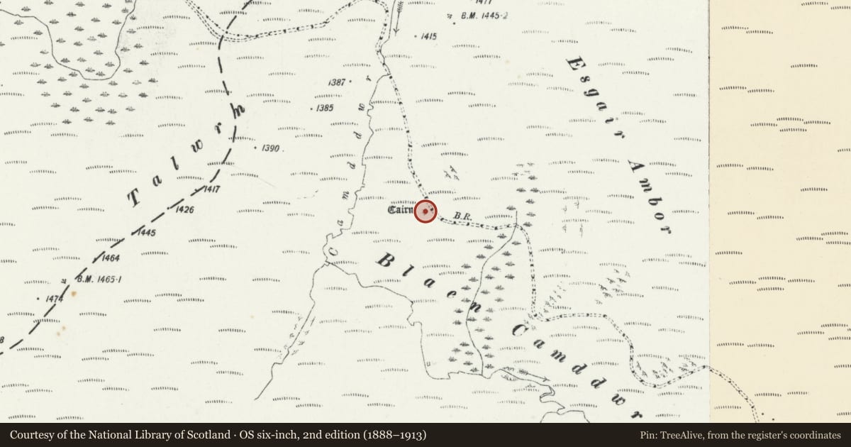 Ordnance Survey six-inch map, 2nd edition (1888–1913) covering the location of Blaen Camddwr Round Cairn, Tregaron, Ceredigion, with a pin at the register's coordinates