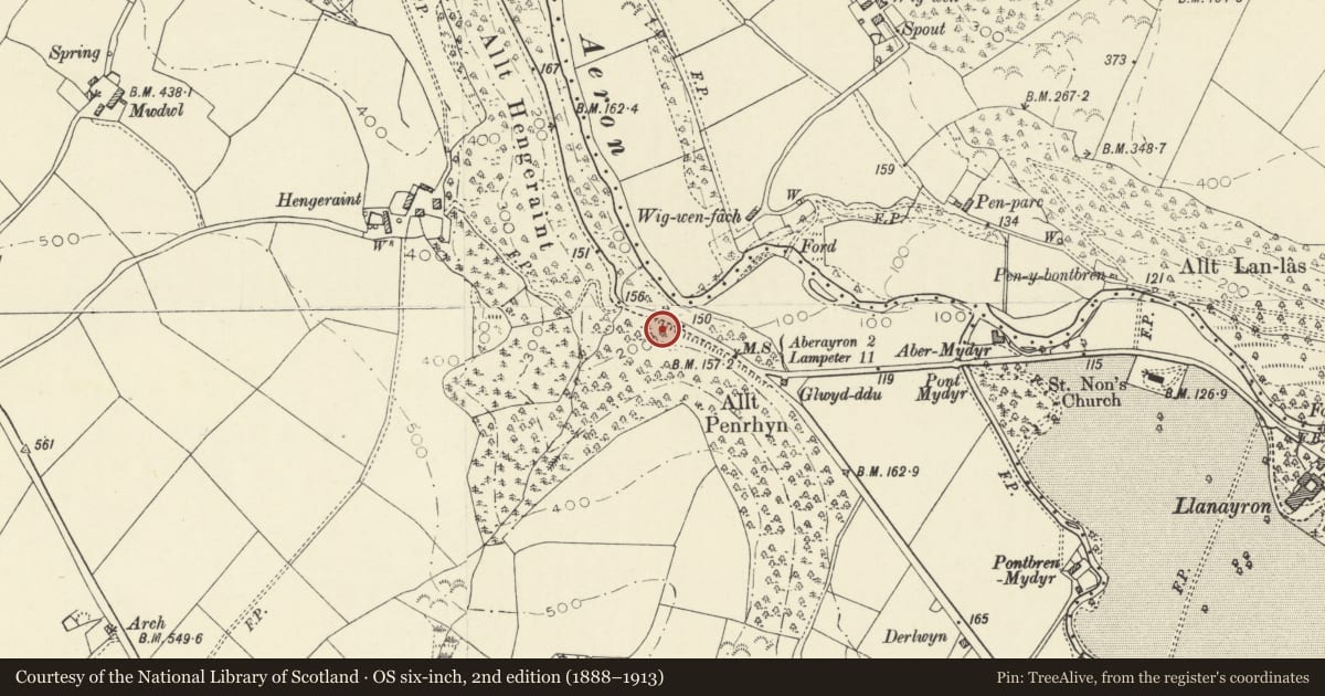 Ordnance Survey six-inch map, 2nd edition (1888–1913) covering the location of Allt Hengeraint Pillbox, Henfynyw, Ceredigion, with a pin at the register's coordinates