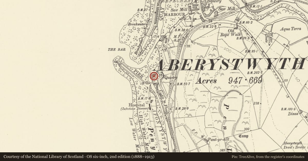 Ordnance Survey six-inch map, 2nd edition (1888–1913) covering the location of Aberystwyth Harbour Defences, Ceredigion, with a pin at the register's coordinates
