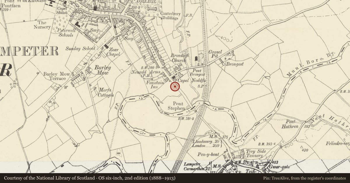Ordnance Survey six-inch map, 2nd edition (1888–1913) covering the location of Lampeter Pillbox, Ceredigion, with a pin at the register's coordinates