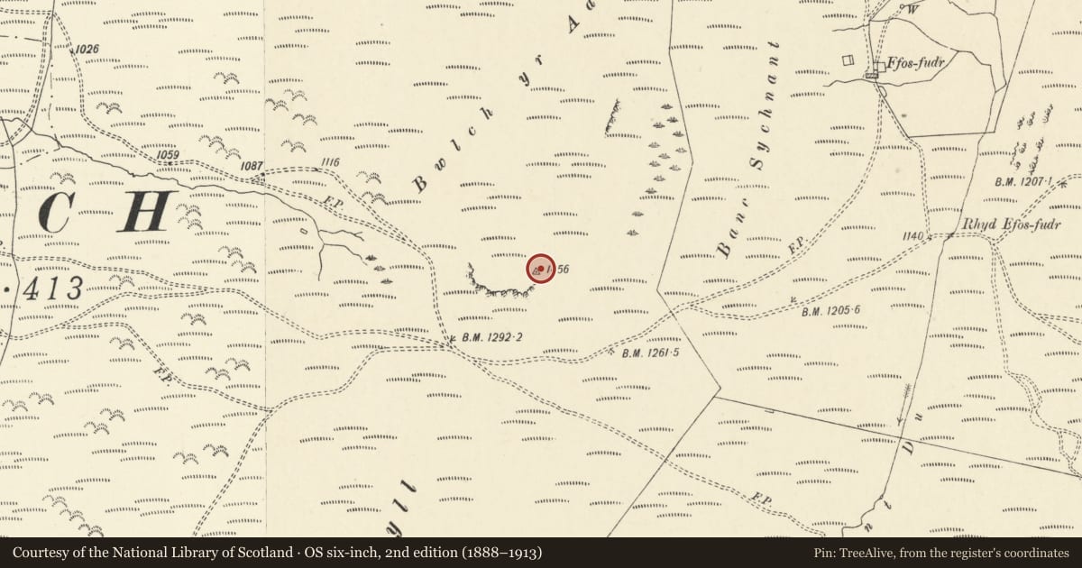 Ordnance Survey six-inch map, 2nd edition (1888–1913) covering the location of Bwlch yr Adwy Round Barrow, Ceulanamaesmawr, Ceredigion, with a pin at the register's coordinates