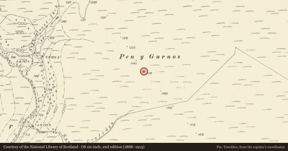 Ordnance Survey six-inch map, 2nd edition (1888–1913) covering the location of Pen y Gurnos Round Barrow, Llanddewi Brefi, Ceredigion, with a pin at the register's coordinates