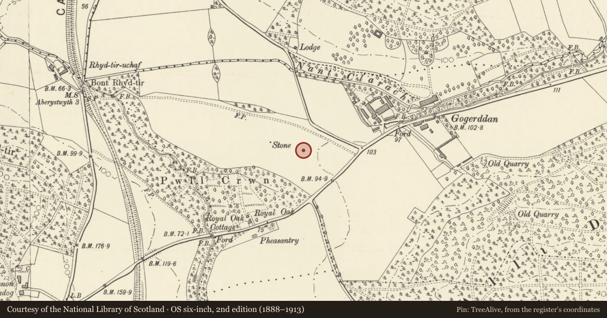 Ordnance Survey six-inch map, 2nd edition (1888–1913) covering the location of Round Barrow & Standing Stone 700m W of Plas Gogerddan, Trefeurig, Ceredigion, with a pin at the register's coordinates