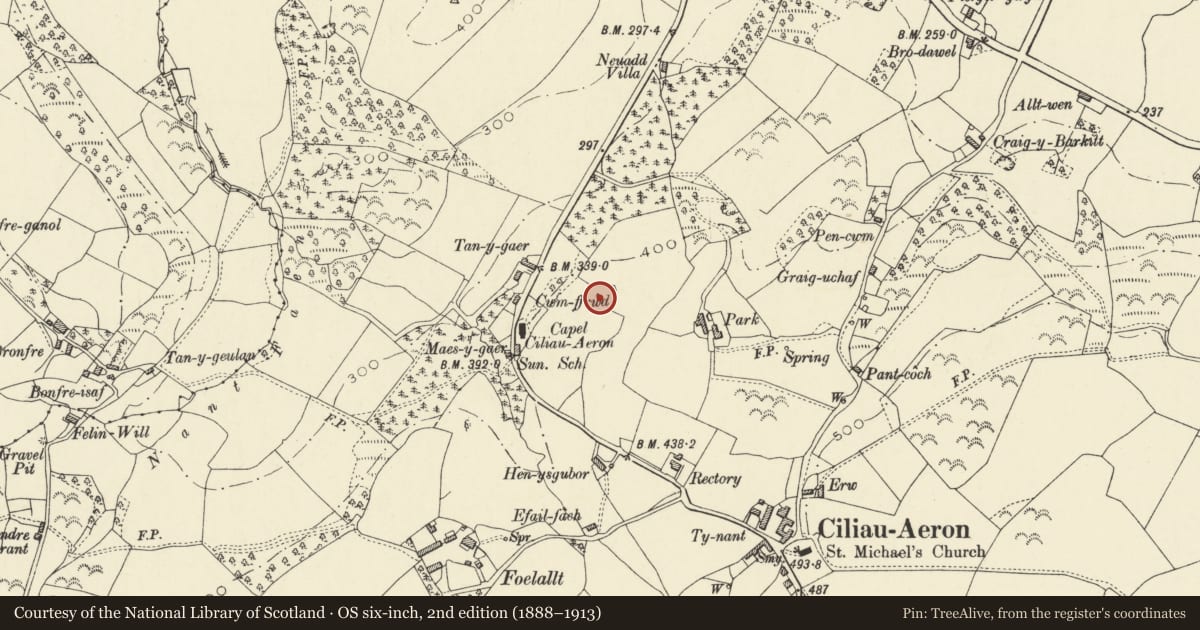 Ordnance Survey six-inch map, 2nd edition (1888–1913) covering the location of Defended Enclosure 130m ENE of Capel Ciliau Aeron, Ceredigion, with a pin at the register's coordinates