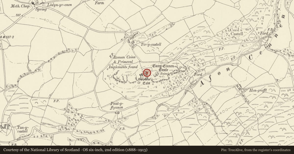 Ordnance Survey six-inch map, 2nd edition (1888–1913) covering the location of Castell Carreg Cennen, Cyngor Bro Dyffryn Cennen, Carmarthenshire, with a pin at the register's coordinates