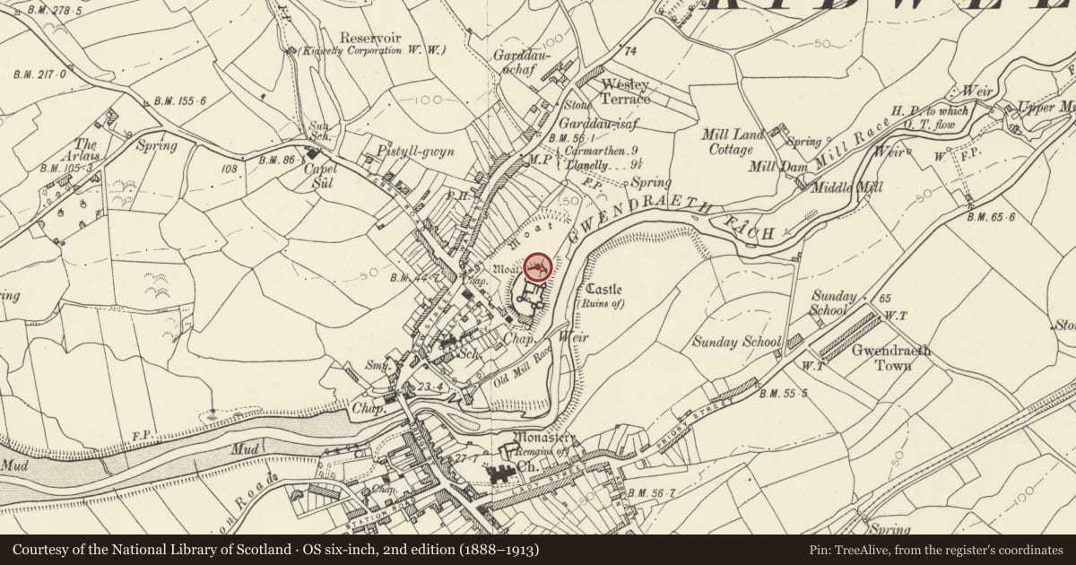 Ordnance Survey six-inch map, 2nd edition (1888–1913) covering the location of Castell Cydweli/Kidwelly Castle, Carmarthenshire, with a pin at the register's coordinates