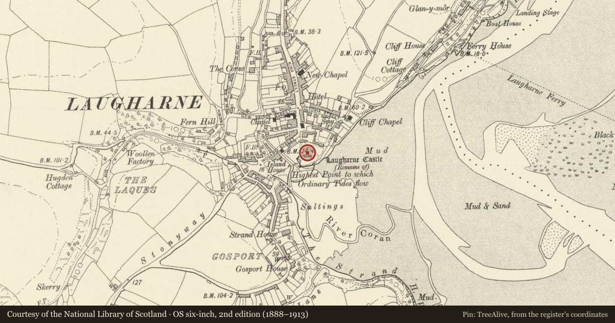Ordnance Survey six-inch map, 2nd edition (1888–1913) covering the location of Laugharne Castle, Laugharne Township, Carmarthenshire, with a pin at the register's coordinates
